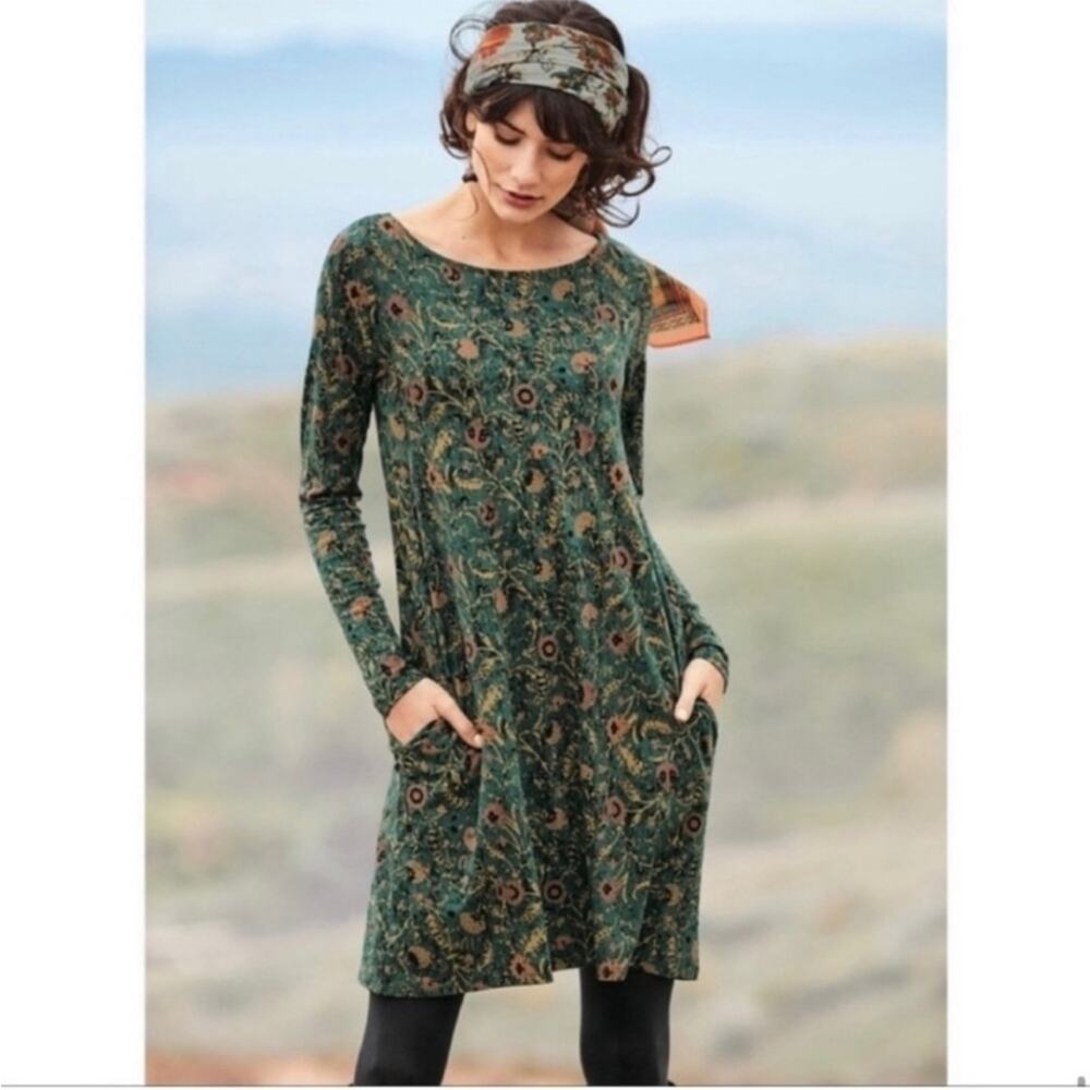 Peruvian Connection Orla Long Sleeve Green Floral Mini Tunic Dress Size L